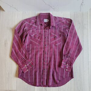 VTG H Bar C Ranchwear Western Shirt L Long Tail Burgendy Plaid Pearl Snap USA